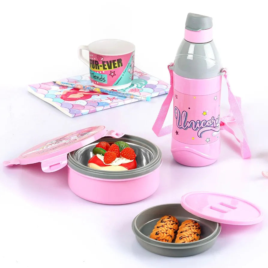 CELLO Tiffy Unicorn Gift Set Insulated Lunch Box & Water Bottle for Kids | Tiffin Box 460 ml, Water Bottle 400 ml, Pink & Grey | Leak Proof | Easy to Clean | Ideal for School, Picnic